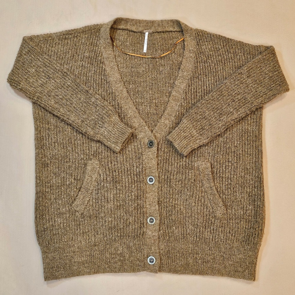 Free People Alpaca Wool Blend Chunky Knit Cardigan Sweater Brown XS Oversized